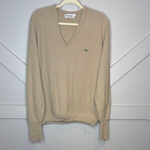 Vintage 80s Izod Lacoste Alligator Tan V-Neck Sweater Pullover Preppy Casual USA